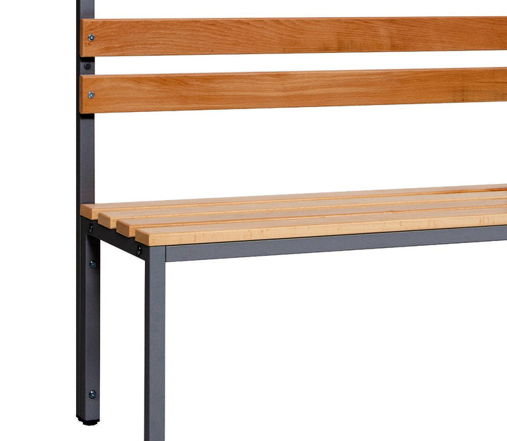 Furni24 Einseitige Umkleidesitzbank 100 x 43 x 170 cm mit 4 Füßen ohne Schuhrost, Garderobe mit lackierter Hartholz-Sitzbank und Stahlrahmen, Umkleidebank mit Hakenleiste, 5 Haken, TÜV/GS getestet