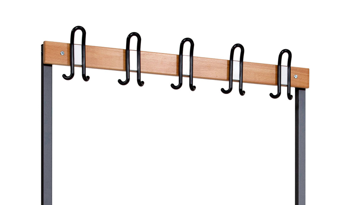 Furni24 Einseitige Umkleidesitzbank 100 x 43 x 170 cm mit 4 Füßen ohne Schuhrost, Garderobe mit lackierter Hartholz-Sitzbank und Stahlrahmen, Umkleidebank mit Hakenleiste, 5 Haken, TÜV/GS getestet