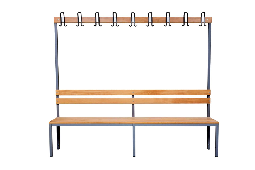 Furni24 Einseitige Umkleidesitzbank 200x43x170 cm mit 6 Füßen ohne Schuhrost, Garderobe mit lackierter Hartholz-Sitzbank und Stahlrahmen, Umkleidebank mit Hakenleiste, 9 Haken, TÜV/GS getestet