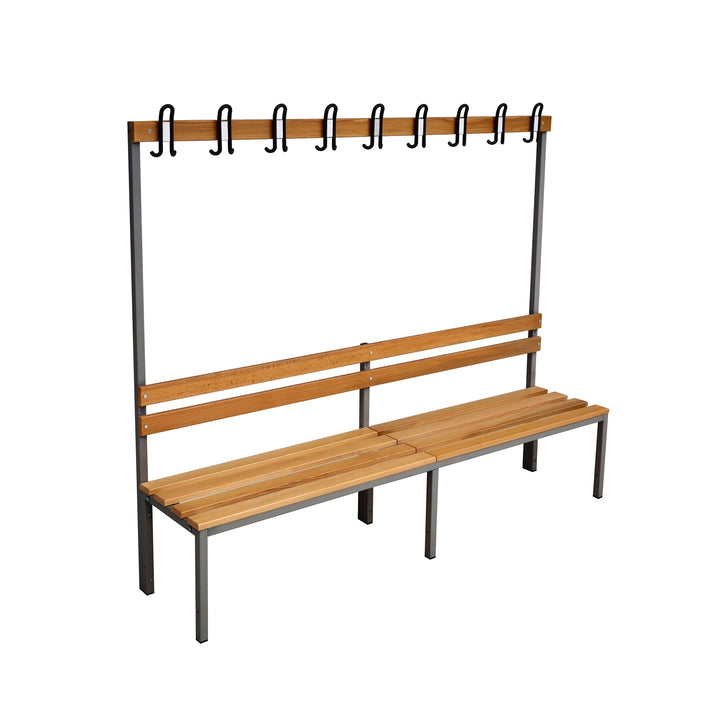 Furni24 Einseitige Umkleidesitzbank 200x43x170 cm mit 6 Füßen ohne Schuhrost, Garderobe mit lackierter Hartholz-Sitzbank und Stahlrahmen, Umkleidebank mit Hakenleiste, 9 Haken, TÜV/GS getestet