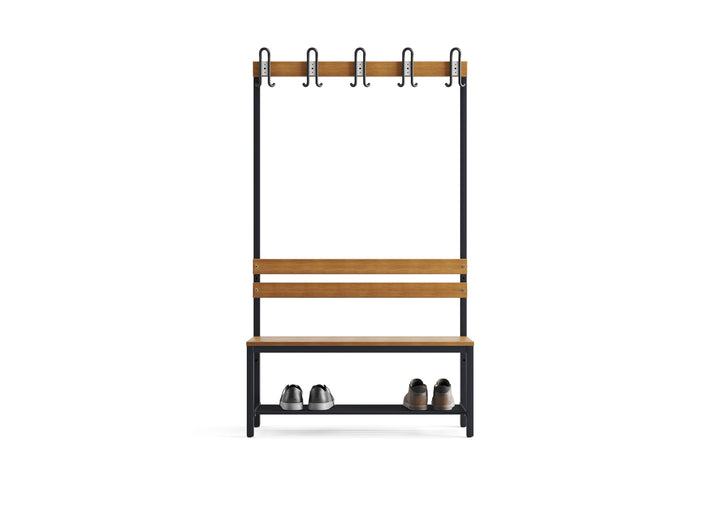Furni24 Umkleidebank 100 cm x 170 cm x 43 cm Sitzbank Garderobensitzbank Sportraum Bank Buche Holz einseitig mit Garderobenhaken und Schuhrost/Schuhablage
