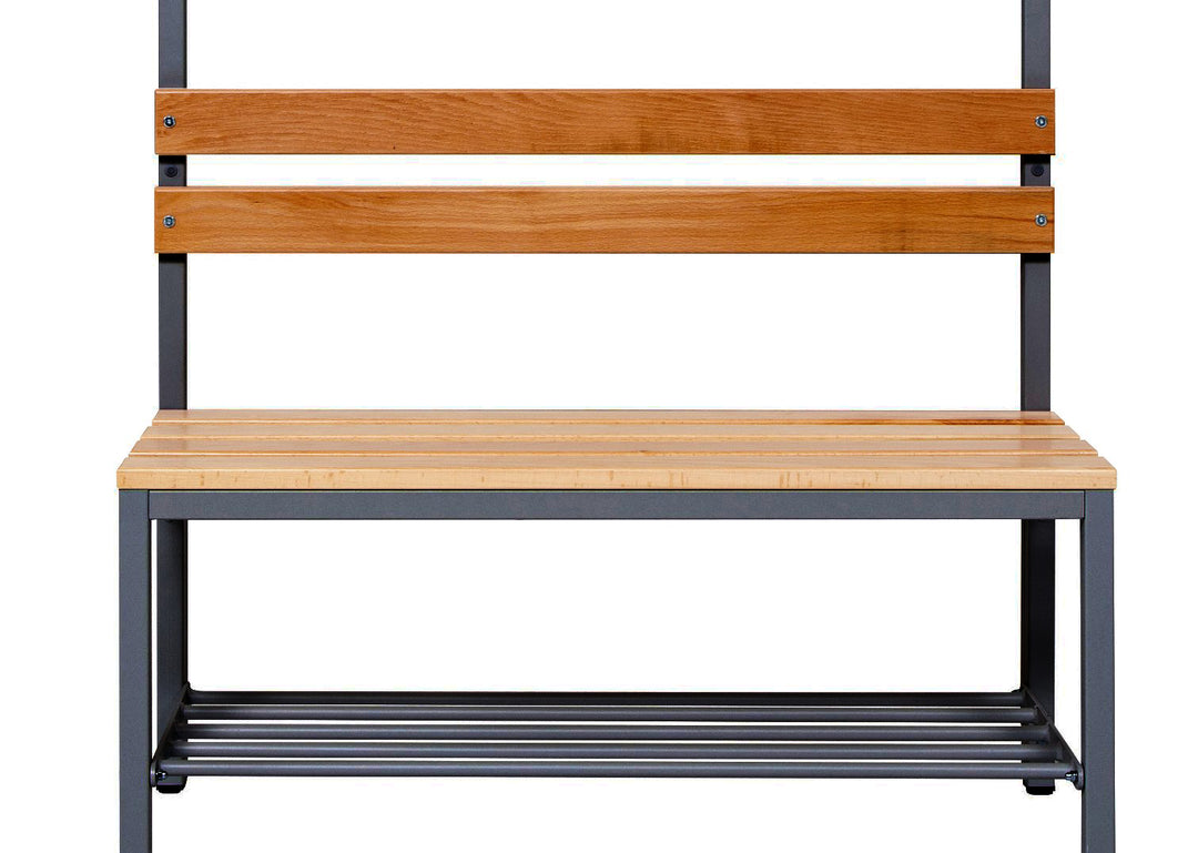 Furni24 Umkleidebank 100 cm x 170 cm x 43 cm Sitzbank Garderobensitzbank Sportraum Bank Buche Holz einseitig mit Garderobenhaken und Schuhrost/Schuhablage