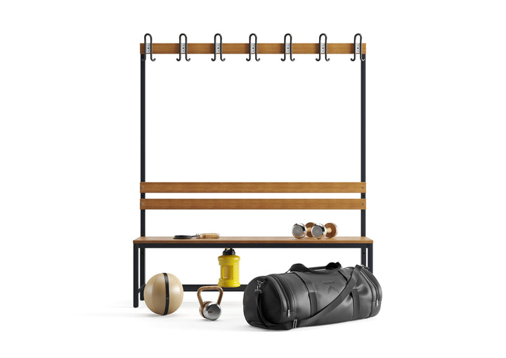 Furni24 Umkleidebank 150 cm x 170 cm x 43 cm Sitzbank Sportbank einseitig mit Garderobenhaken und Schuhrost
