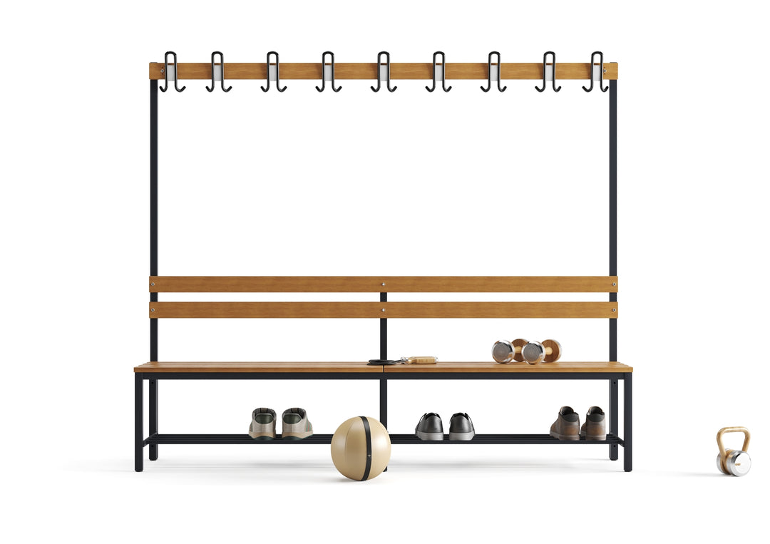 Furni24 Umkleidebank 200 cm x 170 cm x 43 cm Sitzbank Garderobenbank Sportbank einseitig mit Garderobenhaken und Schuhrost