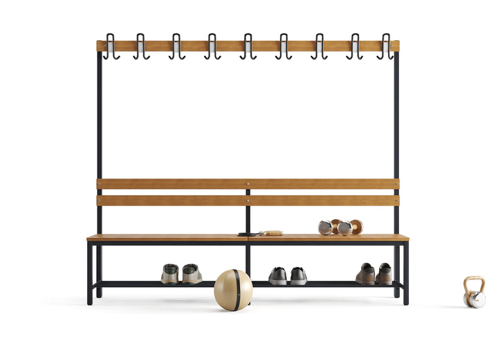 Furni24 Umkleidebank 200 cm x 170 cm x 43 cm Sitzbank Garderobenbank Sportbank einseitig mit Garderobenhaken und Schuhrost