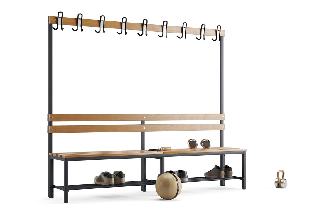Furni24 Umkleidebank 200 cm x 170 cm x 43 cm Sitzbank Garderobenbank Sportbank einseitig mit Garderobenhaken und Schuhrost