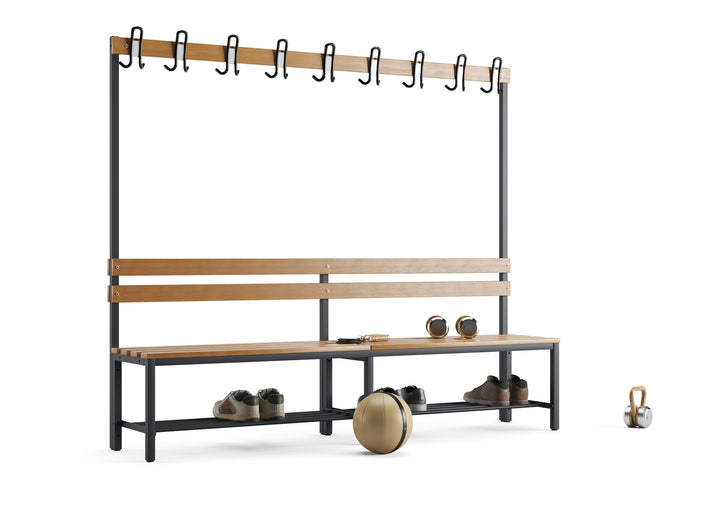 Furni24 Umkleidebank 200 cm x 170 cm x 43 cm Sitzbank Garderobenbank Sportbank einseitig mit Garderobenhaken und Schuhrost