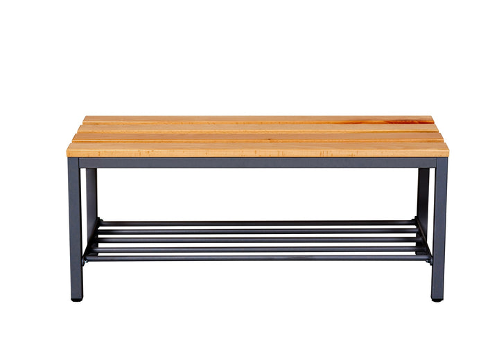 Furni24 Bank Umkleidebank, 100x42x40 cm, Sitzbank für Umkleideräume mit Schuhrost, Umkleidesitzbank, Umkleidebank, Garderobenbank, Sportbank, Bank mit Echtholz für Fitnessstudio