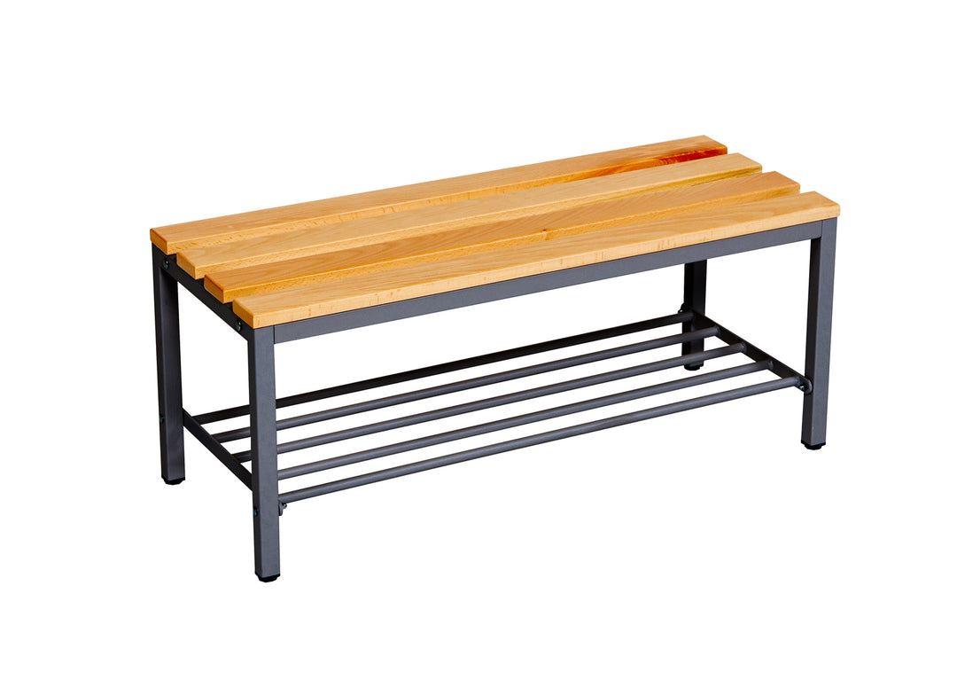 Furni24 Bank Umkleidebank, 100x42x40 cm, Sitzbank für Umkleideräume mit Schuhrost, Umkleidesitzbank, Umkleidebank, Garderobenbank, Sportbank, Bank mit Echtholz für Fitnessstudio