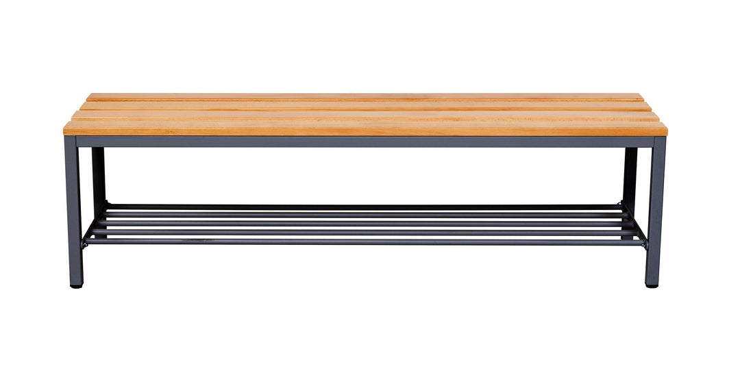 Furni24 Bank Umkleidebank, 150x42x40 cm, Sitzbank für Umkleideräume mit Schuhrost, Umkleidesitzbank, Umkleidebank, Garderobenbank, Sportbank, Bank mit Echtholz für Fitnessstudio