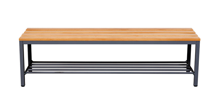 Furni24 Bank Umkleidebank, 150x42x40 cm, Sitzbank für Umkleideräume mit Schuhrost, Umkleidesitzbank, Umkleidebank, Garderobenbank, Sportbank, Bank mit Echtholz für Fitnessstudio