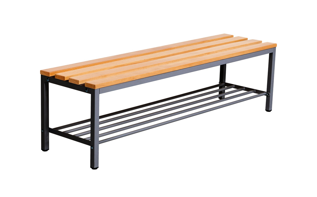 Furni24 Bank Umkleidebank, 150x42x40 cm, Sitzbank für Umkleideräume mit Schuhrost, Umkleidesitzbank, Umkleidebank, Garderobenbank, Sportbank, Bank mit Echtholz für Fitnessstudio
