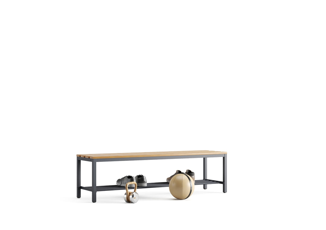Furni24 Bank Umkleidebank, 150x42x40 cm, Sitzbank für Umkleideräume mit Schuhrost, Umkleidesitzbank, Umkleidebank, Garderobenbank, Sportbank, Bank mit Echtholz für Fitnessstudio