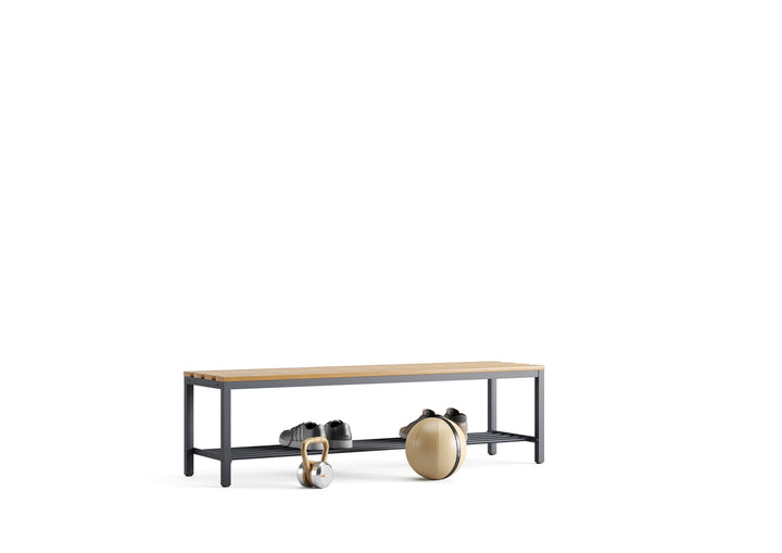 Furni24 Bank Umkleidebank, 150x42x40 cm, Sitzbank für Umkleideräume mit Schuhrost, Umkleidesitzbank, Umkleidebank, Garderobenbank, Sportbank, Bank mit Echtholz für Fitnessstudio