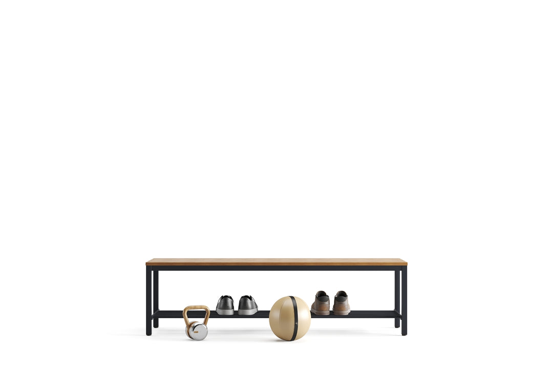 Furni24 Bank Umkleidebank, 150x42x40 cm, Sitzbank für Umkleideräume mit Schuhrost, Umkleidesitzbank, Umkleidebank, Garderobenbank, Sportbank, Bank mit Echtholz für Fitnessstudio