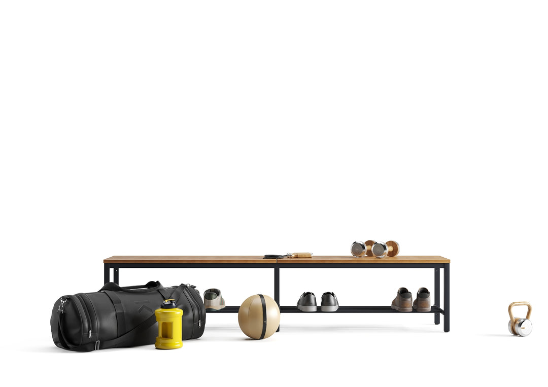 Furni24 Bank Umkleidebank, 200x42x40 cm, Sitzbank für Umkleideräume mit Schuhrost, Umkleidesitzbank, Umkleidebank, Garderobenbank, Sportbank, Bank mit Echtholz für Fitnessstudio