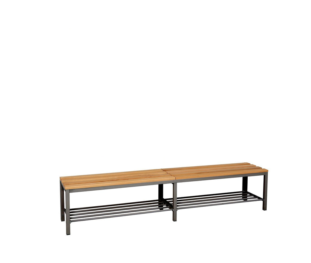 Furni24 Bank Umkleidebank, 200x42x40 cm, Sitzbank für Umkleideräume mit Schuhrost, Umkleidesitzbank, Umkleidebank, Garderobenbank, Sportbank, Bank mit Echtholz für Fitnessstudio