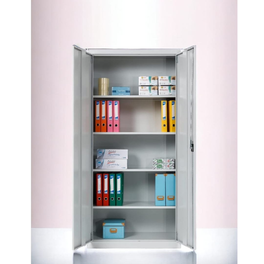 Furni24 Aktenschrank, fertig montiert, 180x80x38cm, Stahlflügeltürschrank Materialschrank, Abschließbarer Spind, Aktenschrank mit 5 Fächern, Werkzeugschrank, Mehrzweckschrank, Universalschrank, grau