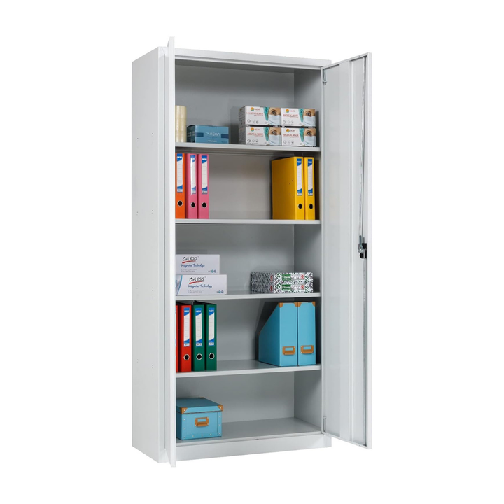 Furni24 Aktenschrank, fertig montiert, 180x80x38cm, Stahlflügeltürschrank Materialschrank, Abschließbarer Spind, Aktenschrank mit 5 Fächern, Werkzeugschrank, Mehrzweckschrank, Universalschrank, grau
