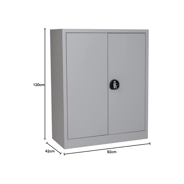 Furni24 Aktenschrank, fertig montiert, 120x92x42cm, Stahlflügeltürschrank Materialschrank, Abschließbarer Spind, Aktenschrank mit 3 Fächern, Werkzeugschrank, Mehrzweckschrank, Universalschrank, grau