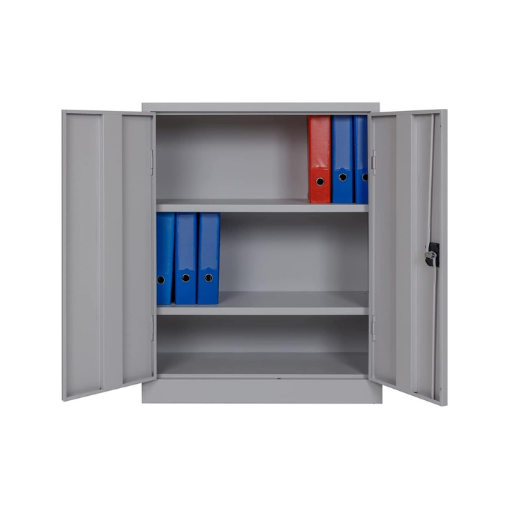 Furni24 Aktenschrank, fertig montiert, 120x92x42cm, Stahlflügeltürschrank Materialschrank, Abschließbarer Spind, Aktenschrank mit 3 Fächern, Werkzeugschrank, Mehrzweckschrank, Universalschrank, grau