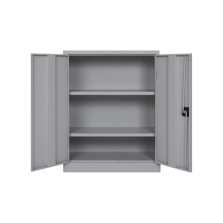 Furni24 Aktenschrank, fertig montiert, 120x92x42cm, Stahlflügeltürschrank Materialschrank, Abschließbarer Spind, Aktenschrank mit 3 Fächern, Werkzeugschrank, Mehrzweckschrank, Universalschrank, grau