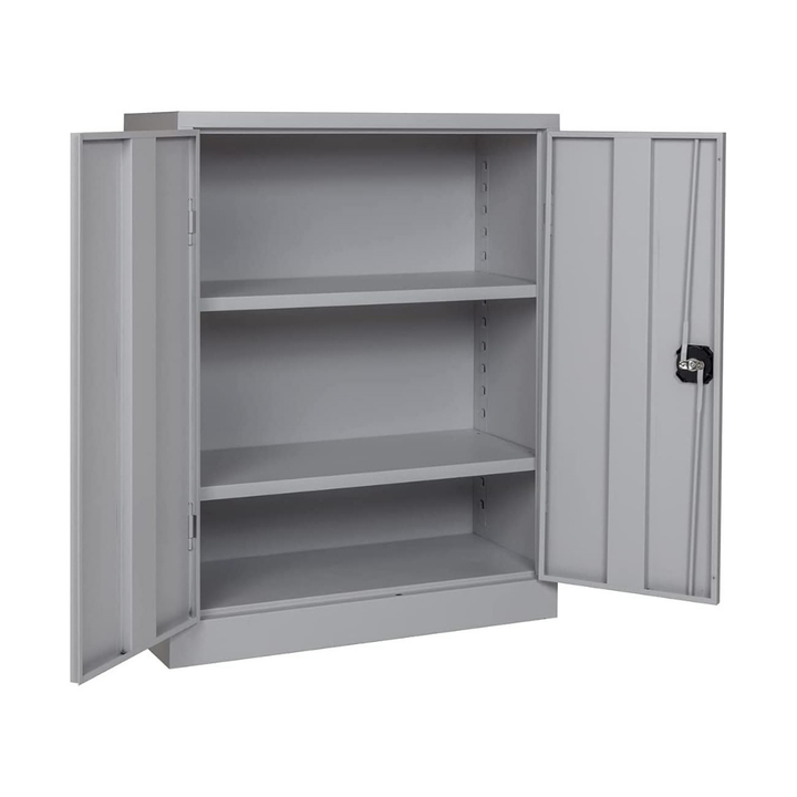 Furni24 Aktenschrank, fertig montiert, 120x92x42cm, Stahlflügeltürschrank Materialschrank, Abschließbarer Spind, Aktenschrank mit 3 Fächern, Werkzeugschrank, Mehrzweckschrank, Universalschrank, grau