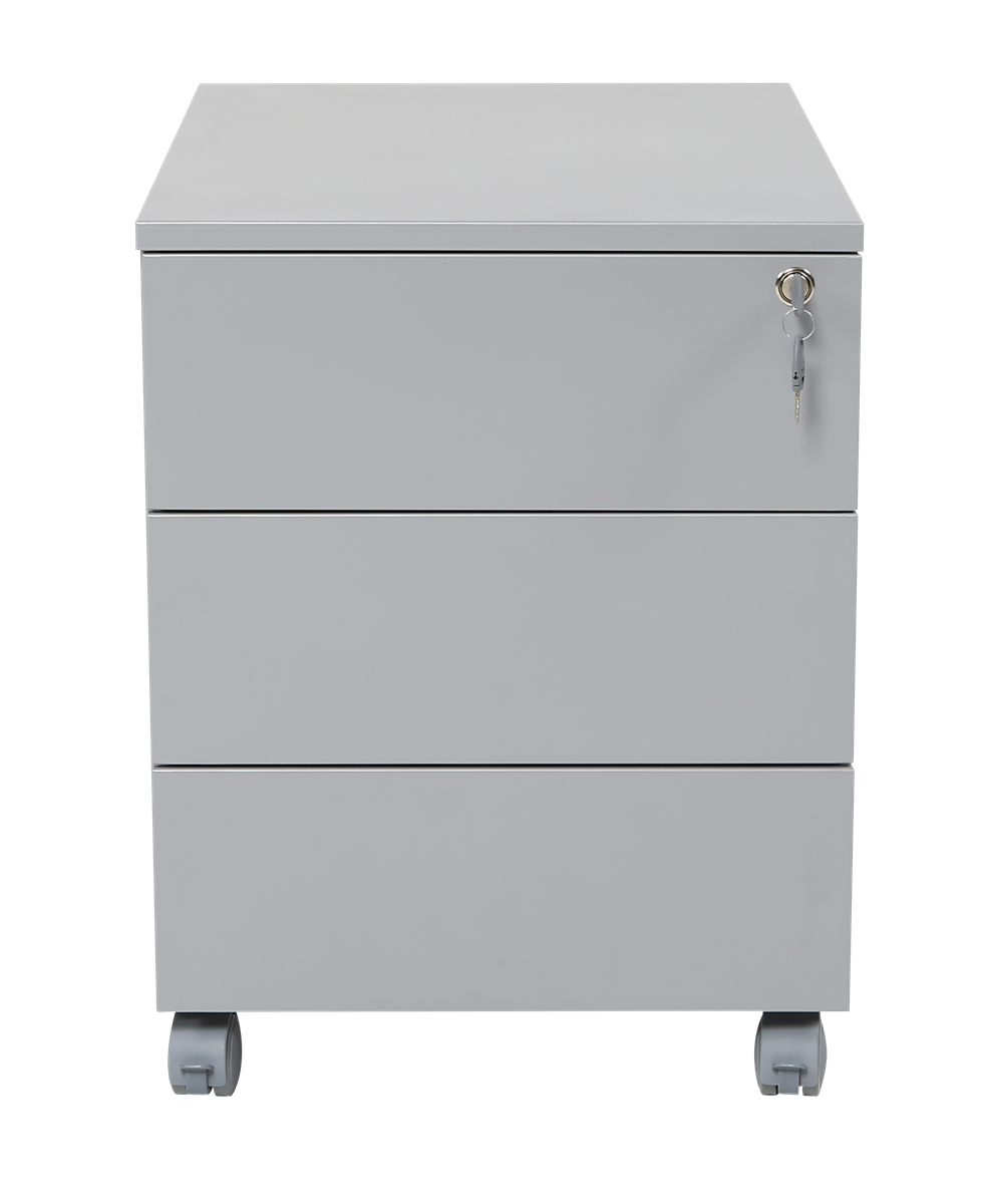 Furni24 Rollcontainer, Senkkasten aus Metall mit Holzplatte, Metallschrank, mobiler Aktenschrank, Druckertisch, abschließbar, 3 Schubladen, Unterschrank, vormontiert, Büro, Homeoffice, 43x59x57cm, silber