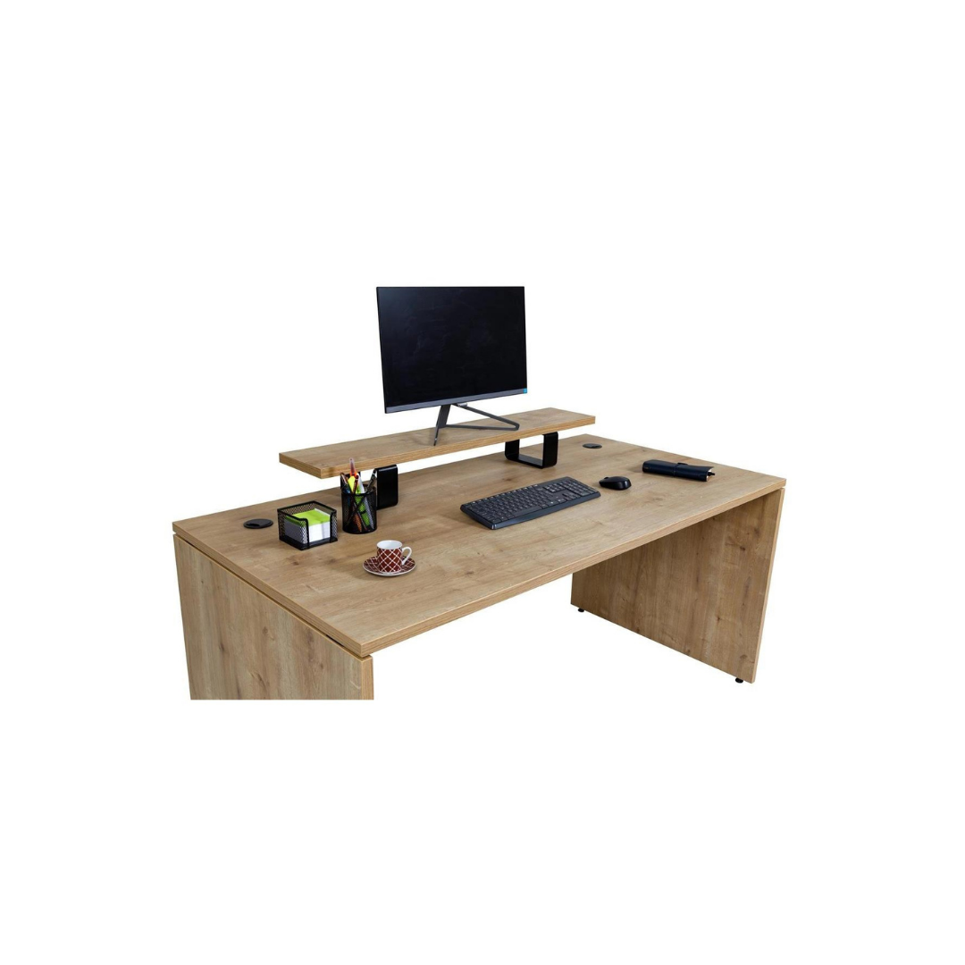 Schreibtisch Nuvi, 160 cm x 80 cm x 75 cm, Saphir Eiche Dekor inkl. Kabelkanal und Monitorständer