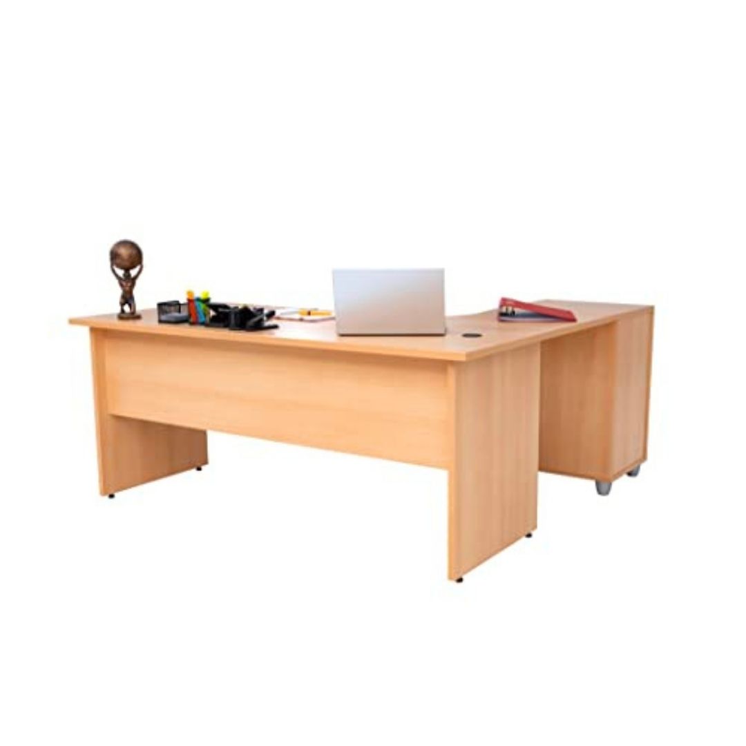 Winkelschreibtisch Dona, Holzfuss, Buche Dekor, 180 cm x 120 cm x 74 cm,  inkl. Beistellcontainer, links gewinkelt