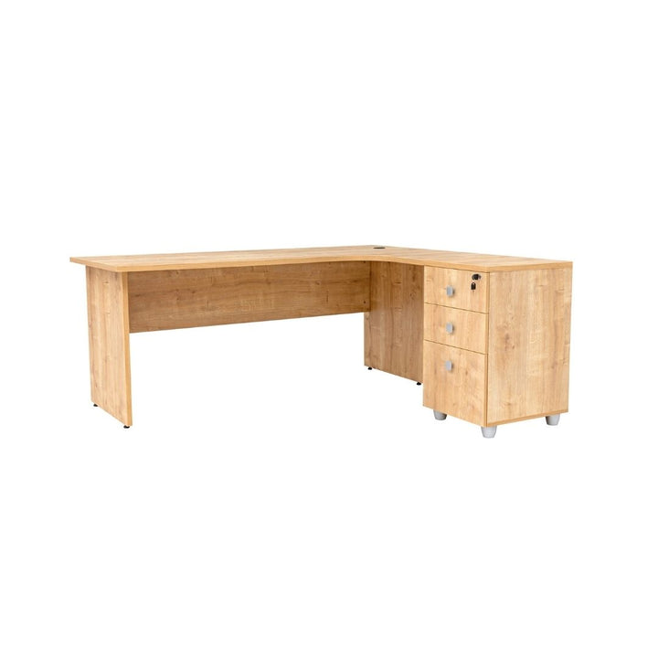 Winkelschreibtisch Dona, Holzfuss, Saphir Eiche Dekor, 180x120x74 cm,  inkl. Beistellcontainer, rechts gewinkelt