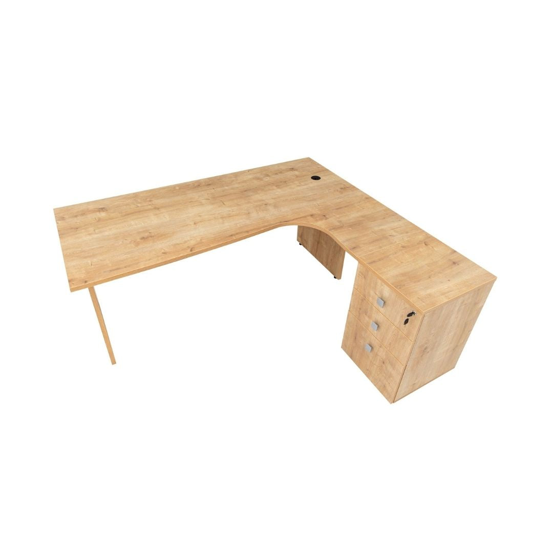 Winkelschreibtisch Dona, Holzfuss, Saphir Eiche Dekor, 180x120x74 cm,  inkl. Beistellcontainer, rechts gewinkelt
