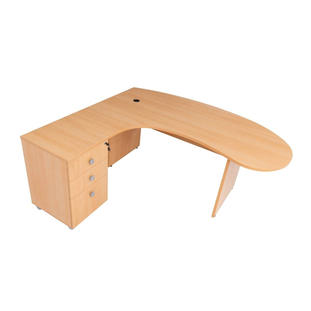 Winkelschreibtisch "Gela", Holzfuss, Buche Dekor, 180 cm x 120 cm x 74 cm, inkl. Beistellcontainer, links gewinkelt