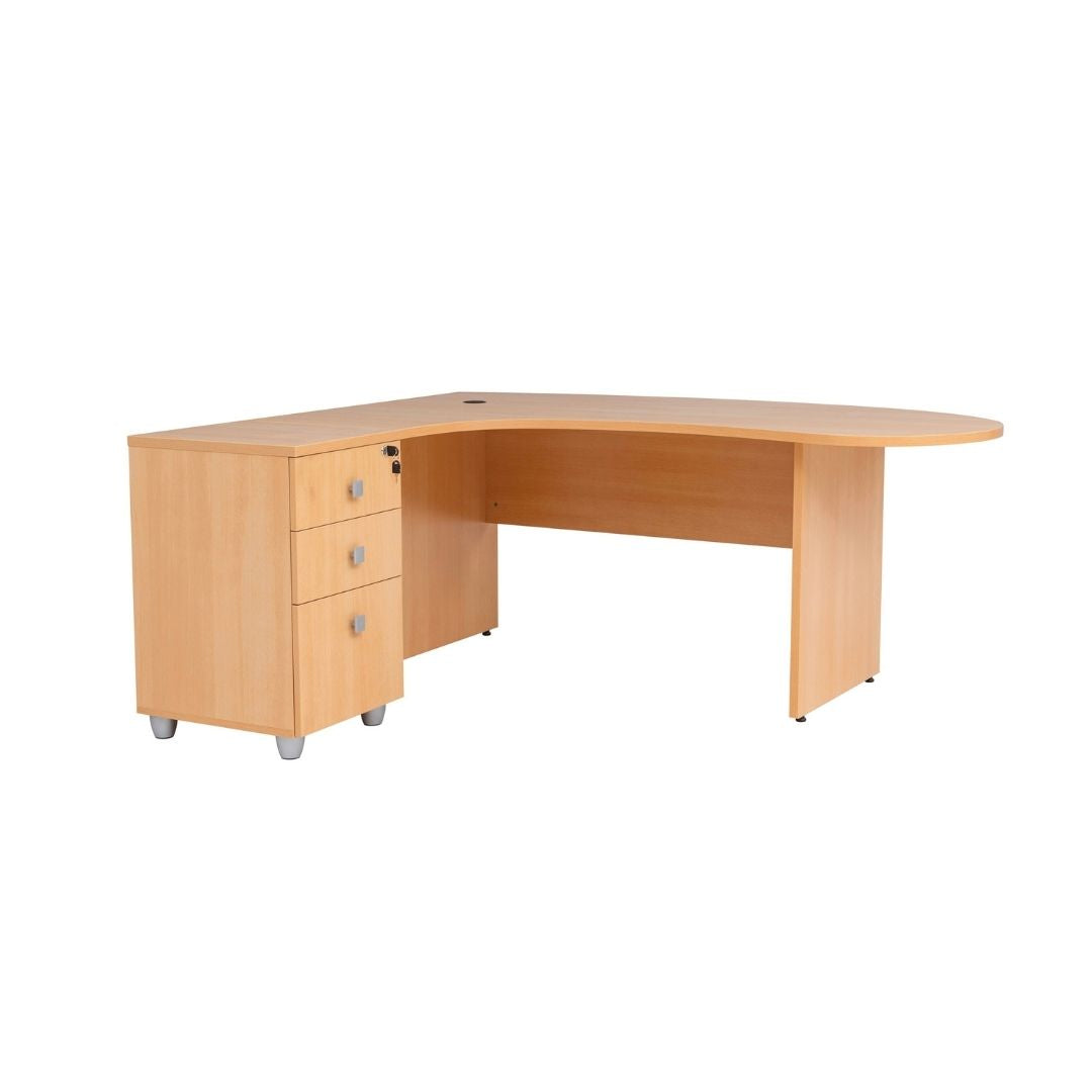 Winkelschreibtisch "Gela", Holzfuss, Buche Dekor, 180 cm x 120 cm x 74 cm, inkl. Beistellcontainer, links gewinkelt
