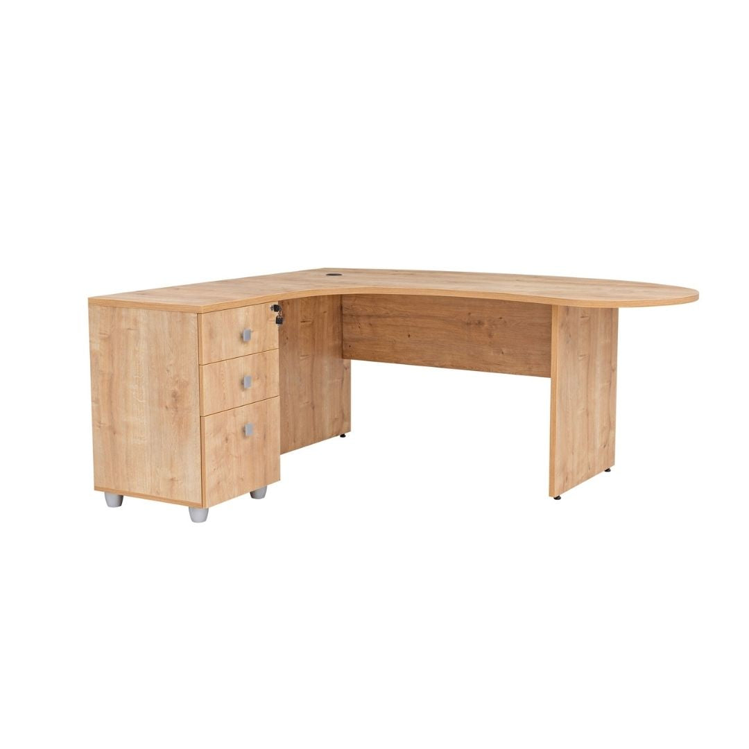Winkelschreibtisch "Gela", Holzfuss, Saphir Eiche Dekor, 180x120 x74 cm, inkl. Beistellcontainer, links gewinkelt