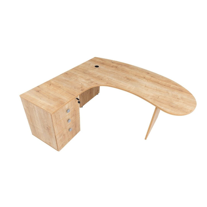 Winkelschreibtisch "Gela", Holzfuss, Saphir Eiche Dekor, 180x120 x74 cm, inkl. Beistellcontainer, links gewinkelt