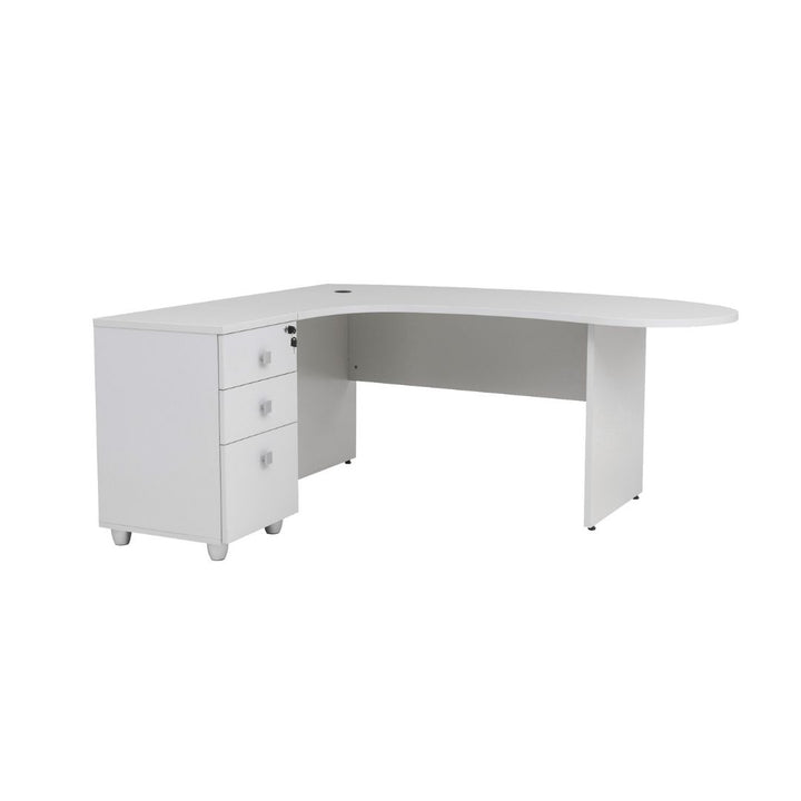 Winkelschreibtisch "Gela", Holzfuss, grau Dekor, 180 cm x 120 cm x 74 cm, inkl. Beistellcontainer, links gewinkelt
