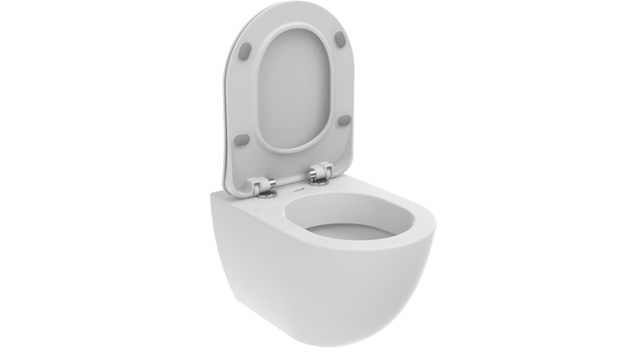 Furni24 Spülrandloses Wand-WC mit Toilettendeckel, Hänge-WC, Duroplast WC-Sitz mit Absenkautomatik, Tiefspüler spülrandlos mit waagerechtem Abgang, Keramik, Bautiefe ist 50cm, Tiefspüler weiß