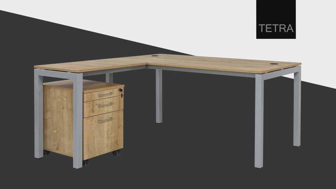 Schreibtisch Tetra, 160 cm, inkl. Anbau rechts o. links montierbar, Saphir Eiche Dekor/silber RAL 9006 inkl. Kabelkanal
