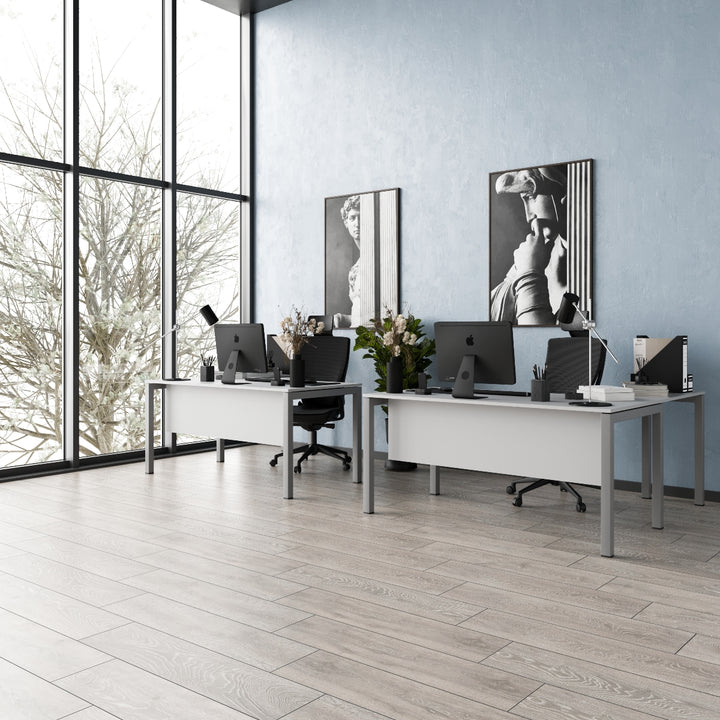 Schreibtisch Tetra, 180 cm, inkl. Anbau rechts o. links montierbar, grau Dekor/silber RAL 9006