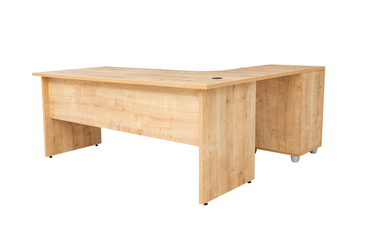 Winkelschreibtisch Dona, Holzfuss, Saphir Eiche Dekor, 180x120x74 cm,  inkl. Beistellcontainer, links gewinkelt