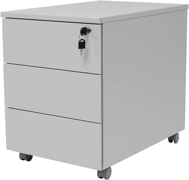 Furni24 Rollcontainer, alles aus Metall, Metallschrank, mobiler Aktenschrank, Druckertisch, abschließbar, 3 Schubladen, Unterschrank, vormontiert, Büro, Homeoffice, 43x59x57cm, grau