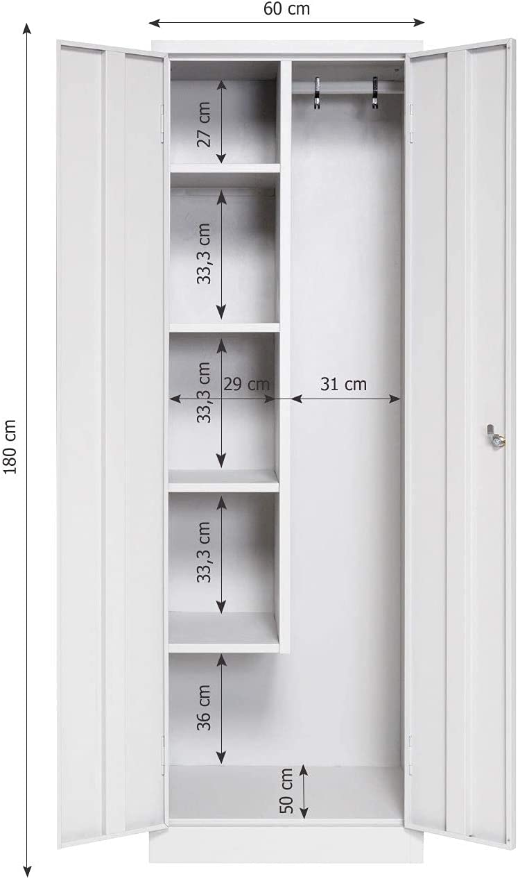 Furni24 TÜV/GS - Metall Putzmittelschrank – Wäsche Schrank aus Stahl mit Türen, Garderobenstange, große Fächer, Hutablage, fertig montiert - Grau, XXL 60 x 50 x 180 cm