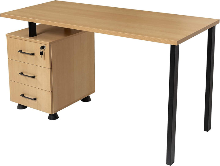 Furni24 Home Office Schreibtisch - Computertisch aus laminiertem Holz, rechts und links montierbarer Unterschrank, abschließbare Schubladen, P Homeoffice 140x59x76 Buche und Grau