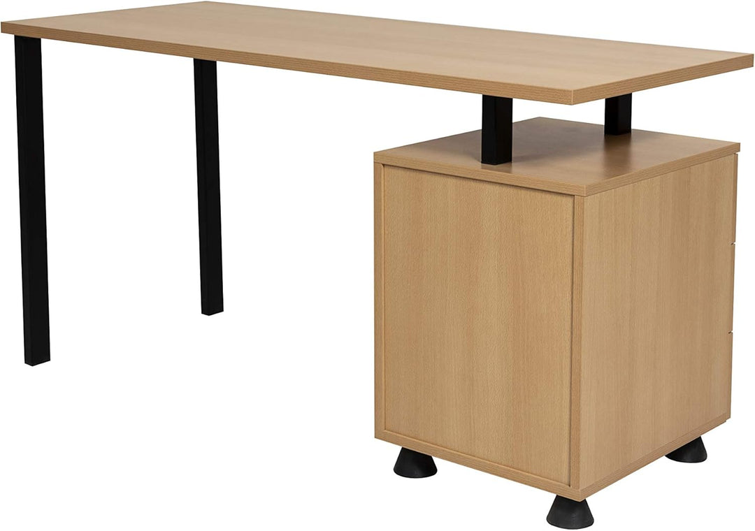 Furni24 Home Office Schreibtisch - Computertisch aus laminiertem Holz, rechts und links montierbarer Unterschrank, abschließbare Schubladen, P Homeoffice 140x59x76 Buche und Grau