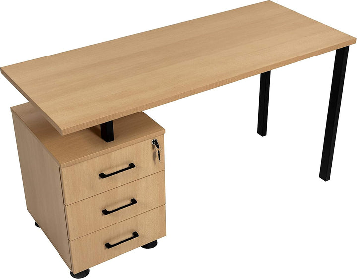 Furni24 Home Office Schreibtisch - Computertisch aus laminiertem Holz, rechts und links montierbarer Unterschrank, abschließbare Schubladen, P Homeoffice 140x59x76 Buche und Grau