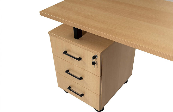 Furni24 Home Office Schreibtisch - Computertisch aus laminiertem Holz, rechts und links montierbarer Unterschrank, abschließbare Schubladen, P Homeoffice 140x59x76 Buche und Grau