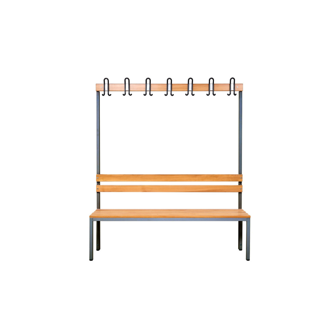 Furni24 Einseitige Umkleidesitzbank mit 4 Füßen ohne Schuhrost, Garderobe mit lackierter Hartholz-Sitzbank und Stahlrahmen, Umkleidebank mit Hakenleiste, 7 Haken, TÜV/GS getestet - 150x43x170 cm