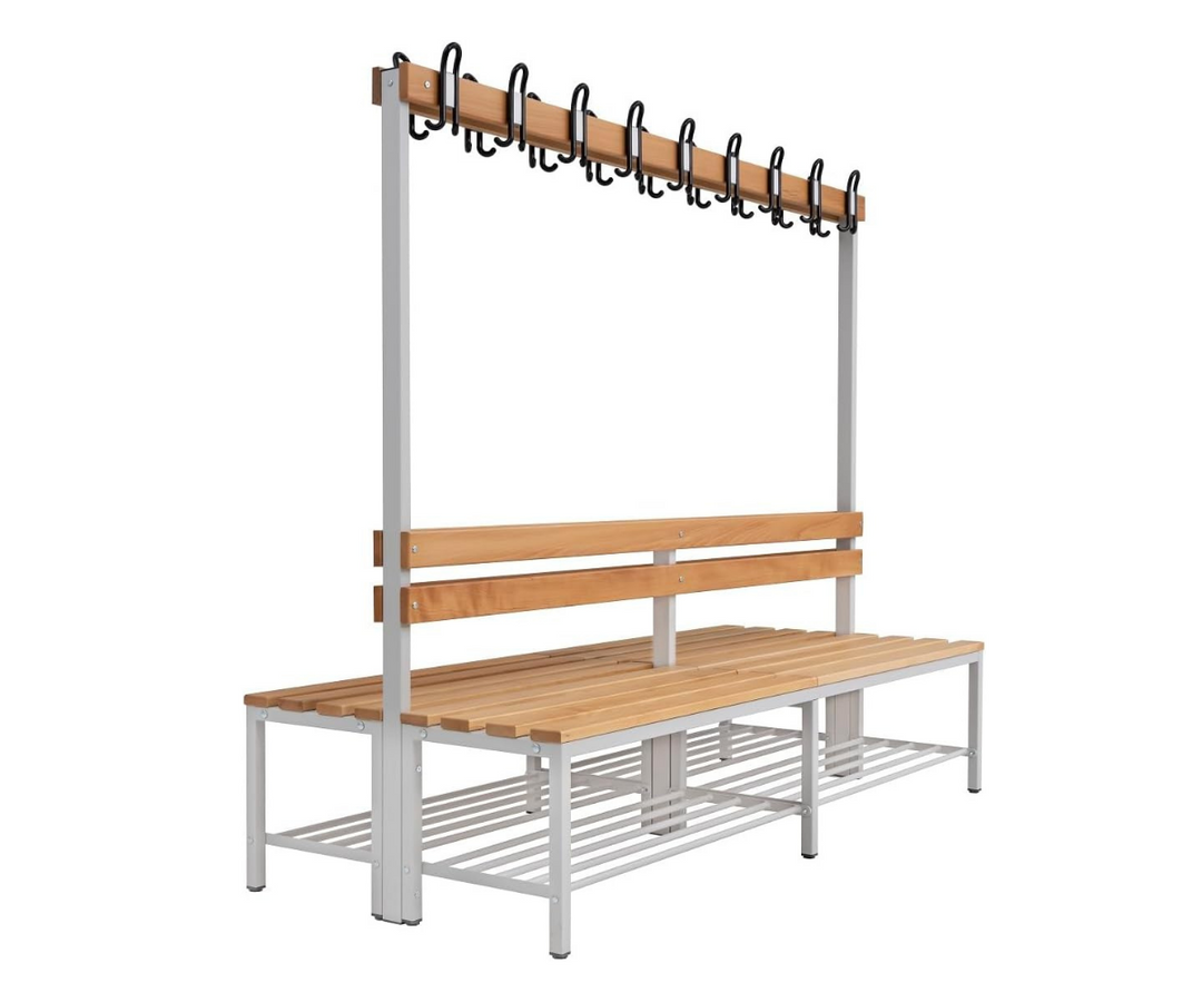 Furni24 Umkleidebank Sitzbank Garderobenbank Sportraum Bank mit Echtholz für Fitnessstudio (2-seitig) doppelseitig mit Garderobenhaken und Schuhrost 200 cm x 170 cm x 85 cm