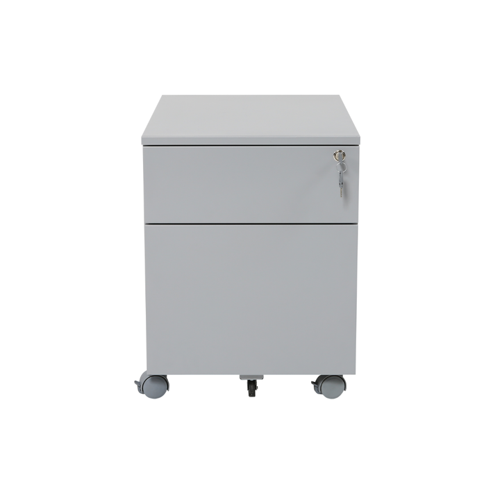 Furni24 Rollcontainer, Senkkasten aus Metall mit Holzplatte, Metallschrank, mobiler Aktenschrank, Druckertisch, abschließbar, 2 Schubladen, Unterschrank, vormontiert, Büro, Homeoffice, 43x59x57cm, silber